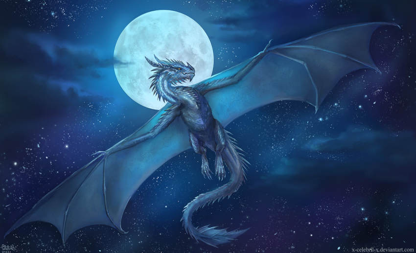 2022 ambiguous_gender blue_body blue_scales detailed_background digital_media_(artwork) dragon feral membrane_(anatomy) membranous_wings night outside scales sky smile solo star starry_sky wings wyvern x-celebril-x