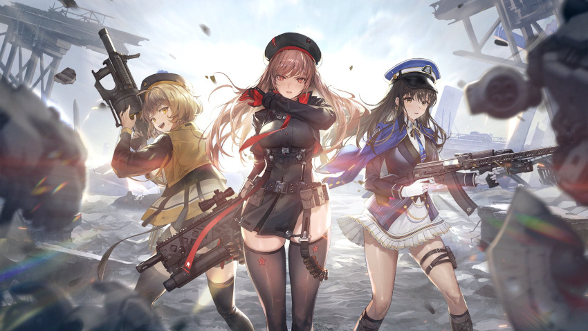 3girls ak-47 anis_(nikke) assault_rifle bangs belt beret black_hair blush boots breasts brown_hair buttons commentary cropped_jacket diesel_(nikke) from_behind gloves goddess_of_victory:_nikke grenade_launcher gun hand_up hat highres holding holding_weapon holster jacket kalashnikov_rifle kim_hyung_tae knee_boots light_brown_hair lips long_hair looking_at_viewer looking_back medium_breasts multiple_girls necktie official_art open_clothes open_jacket open_mouth parted_lips pleated_skirt rapi_(nikke) red_eyes rifle shiny shiny_clothes shiny_skin simple_background skirt smile tactical_clothes thigh_holster thighhighs trigger_discipline weapon yellow_eyes zettai_ryouiki