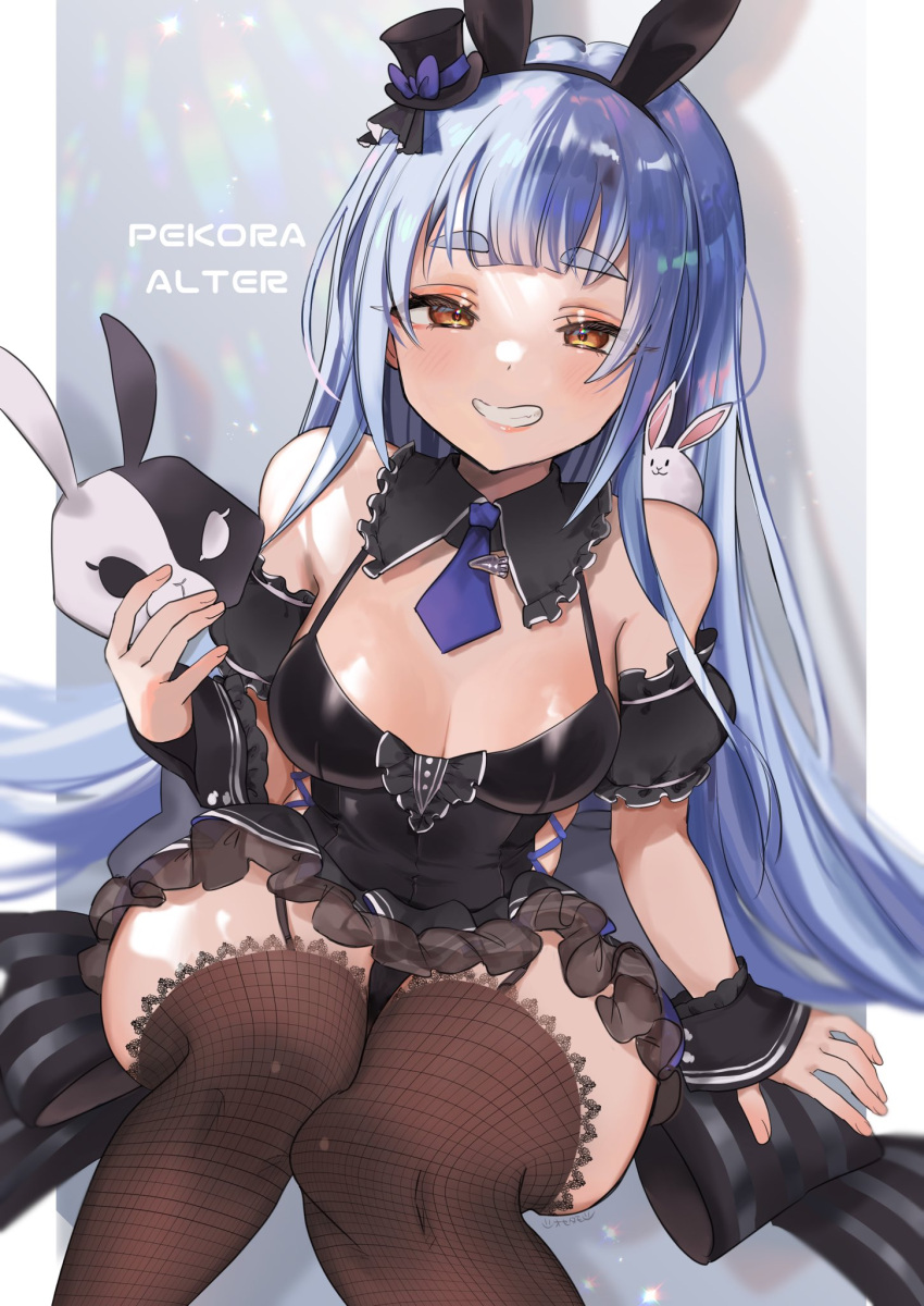 1girl animal_ears bangs bare_shoulders black_collar black_dress black_thighhighs blue_hair blue_necktie blush breasts bunny_mask center_frills collar detached_collar detached_sleeves don-chan_(usada_pekora) dress fake_animal_ears fishnet_thighhighs fishnets frilled_collar frilled_skirt frilled_sleeves frills garter_straps grin hat highres holding holding_mask hololive lace-trimmed_thighhighs long_hair looking_at_viewer mask medium_breasts mini_hat necktie official_alternate_costume orange_eyes rabbit_ears short_eyebrows short_sleeves siose_tamotsu sitting skirt smile solo thick_eyebrows thighhighs top_hat usada_pekora very_long_hair virtual_youtuber wide_hips wrist_cuffs