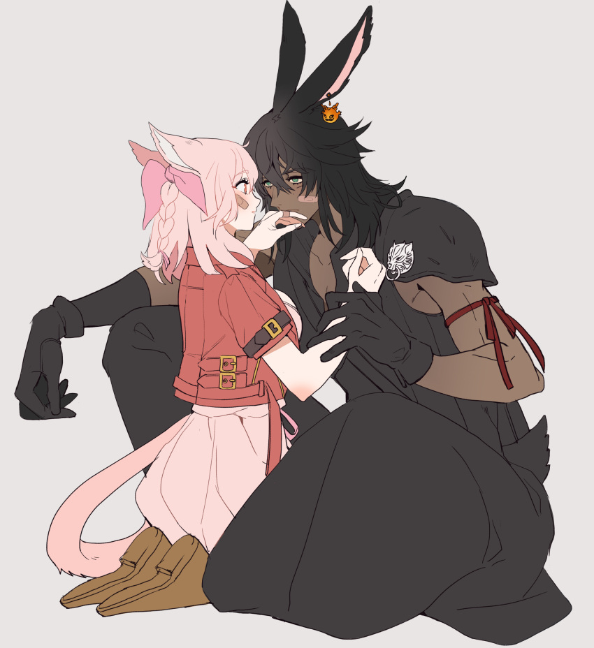 1boy 1girl absurdres aerith_gainsborough aerith_gainsborough_(cosplay) animal_ears arm_ribbon armor avatar_(ff14) bandaid bandaid_on_face bandaid_on_hand black_gloves black_hair black_pants black_shirt bomb_(final_fantasy) boots brown_footwear cat_ears cloud_strife cloud_strife_(cosplay) cosplay couple cropped_jacket dark-skinned_male dark_skin dress earrings eye_contact face-to-face final_fantasy final_fantasy_vii final_fantasy_vii_advent_children final_fantasy_vii_remake final_fantasy_xiv full_body gloves green_eyes hair_between_eyes hair_ribbon hetero highres holding_another's_wrist jacket jewelry kaka_ff14 kiss kissing_hand kneeling long_dress long_hair looking_at_another medium_hair miqo'te pale_skin pants pink_dress pink_hair pink_ribbon rabbit_ears red_eyes red_jacket red_ribbon ribbon seiza shirt short_sleeves shoulder_armor sitting sleeveless sleeveless_shirt tail viera