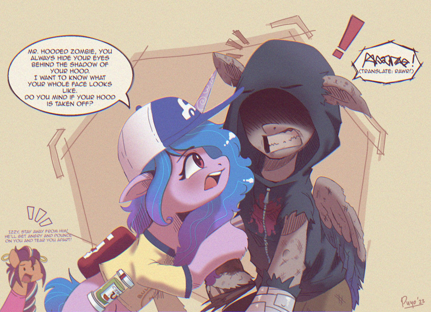 baseball_cap bottle clenched_teeth clothing container crossover dialogue ear_piercing earth_pony ellis_(left_4_dead) english_text equid equine exclamation_point first_aid_kit hasbro hat headgear headwear hi_res hoodie horn horse hunter_(left_4_dead) infected_(species) izzy_moonbow_(mlp) left_4_dead_(series) mammal medical_instrument mlp_g5 my_little_pony piercing ponification pony puyohh rochelle_(left_4_dead) scientific_instrument sunny_starscout_(mlp) teeth text topwear torn_clothing unicorn valve video_games