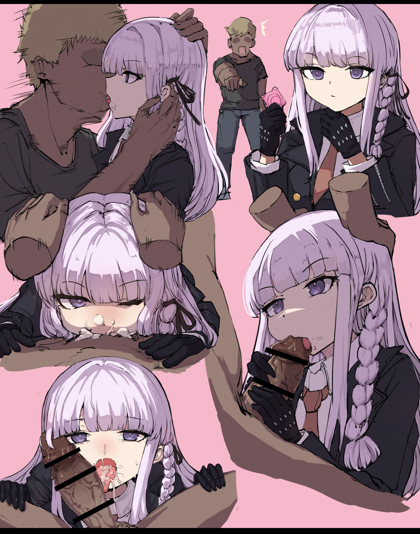 1boy 1girl absurdres bangs bar_censor black_gloves black_jacket braid brown_necktie censored collared_shirt condom condom_wrapper cum cum_in_mouth cum_on_tongue danganronpa:_trigger_happy_havoc danganronpa_(series) facial fellatio gloves hands_up highres holding holding_condom jacket kirigiri_kyouko kiss long_hair multiple_views necktie one_eye_closed open_clothes open_jacket oral penis pink_background purple_eyes purple_hair shiny shiny_hair shirt side_braid simple_background white_shirt xia6230713