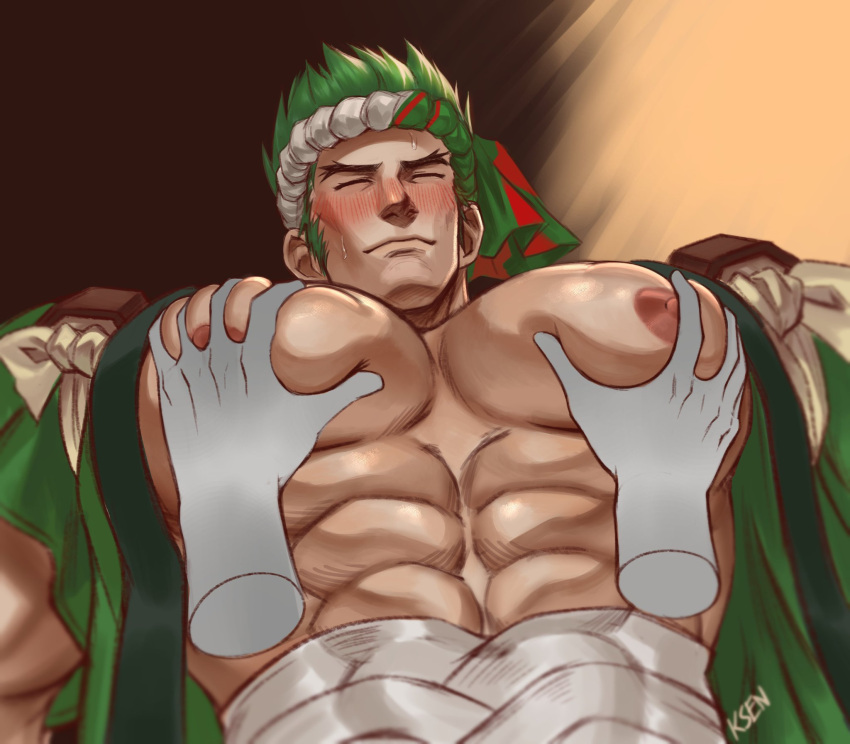 2boys abs artist_name bandages bara blush closed_eyes disembodied_limb feet_out_of_frame genji_(overwatch) green_hair headband highres japanese_clothes k_sen212 kimono large_pectorals male_focus manly mature_male multiple_boys muscular muscular_male nipples open_clothes open_kimono overwatch pectorals short_hair signature simple_background smile spiked_hair sweat sweatdrop upper_body yukata
