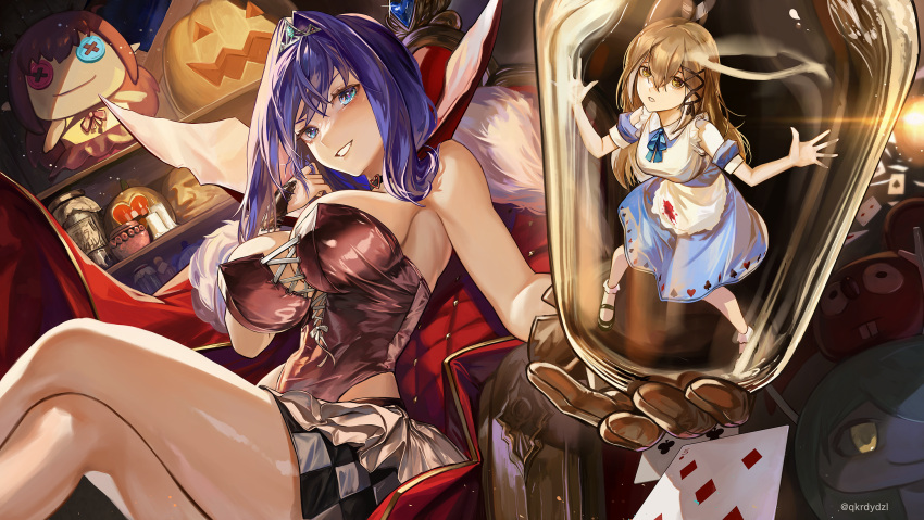 2girls ahoge alice_(alice_in_wonderland) alice_(alice_in_wonderland)_(cosplay) alice_in_wonderland alternate_costume apron bangs bare_legs blood blood_on_clothes blue_dress blue_eyes blue_gemstone blue_hair bodice breasts brown_eyes brown_gloves brown_hair card ceres_fauna checkered_clothes choker club_(shape) commentary cosplay crown diamond_(shape) dollrys_(irys) dress english_commentary evil_grin evil_smile fang feather_hair_ornament feathers foreshortening fur_collar gem giraffe_fauna gloves grin hair_intakes hair_ornament hair_ribbon hakos_baelz halloween halloween_baelz halloween_costume heart heart_choker highres hololive hololive_english irys_(hololive) jack-o'-lantern jar large_breasts lens_flare long_hair looking_at_viewer miniskirt moai multicolored_hair multiple_girls nanashi_mumei ouro_kronii parted_lips playing_card queen_of_hearts_(alice_in_wonderland) queen_of_hearts_(alice_in_wonderland)_(cosplay) ribbon santafe99 short_hair skirt smile spade_(shape) streaked_hair throne trapped very_long_hair virtual_youtuber wing_collar