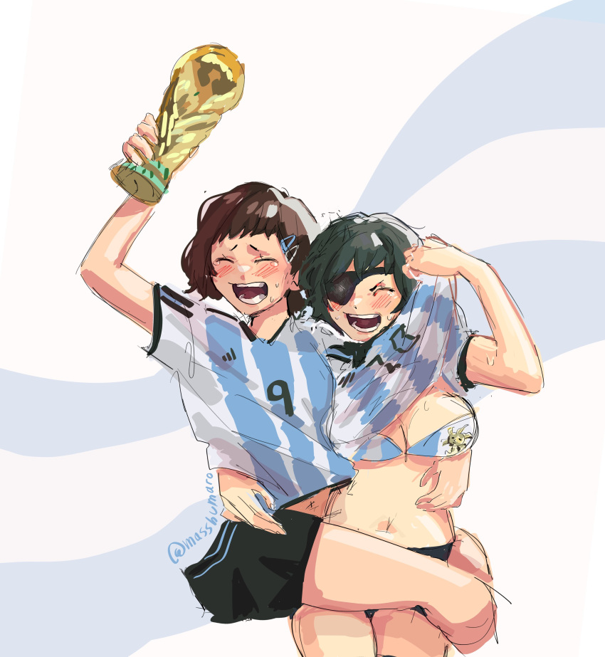 2022_fifa_world_cup 2girls absurdres argentina arm_up blush bra breasts carrying carrying_person chainsaw_man cleavage closed_eyes clothes_lift eyepatch fifa_world_cup_trophy hair_ornament hairclip happy higashiyama_kobeni highres himeno_(chainsaw_man) holding_trophy large_breasts masshumaro multiple_girls open_mouth shirt shirt_lift shorts simple_background smile striped striped_bra striped_shirt sweat twitter_username underwear white_shirt world_cup