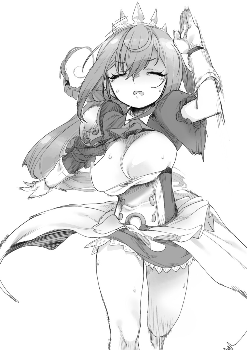 1girl ahoge braid breasts closed_eyes dress gloves greyscale highres large_breasts long_hair monochrome mukago_(mukagomumumu) nipple_slip nipples open_mouth pecorine_(princess_connect!) princess_connect! puffy_short_sleeves puffy_sleeves ribbon running short_sleeves shrug_(clothing) side_braid solo tiara