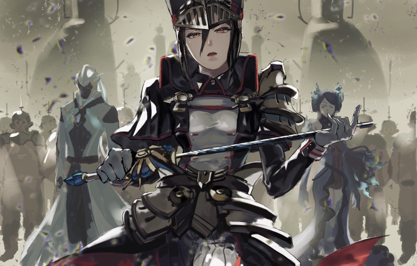 1boy 2girls absurdres aegaeon_(xenoblade) ardainian_soldier armor black_hair brighid_(xenoblade) brown_eyes closed_eyes feet_out_of_frame fiery_hair gloves hat helmet highres holding holding_sword holding_weapon looking_at_viewer military military_hat military_uniform morag_ladair_(xenoblade) multiple_girls open_mouth pauldrons pickelhaube pito_(pitosan) reverse_trap shoulder_armor sword uniform upper_body weapon whip_sword white_gloves xenoblade_chronicles_(series) xenoblade_chronicles_2