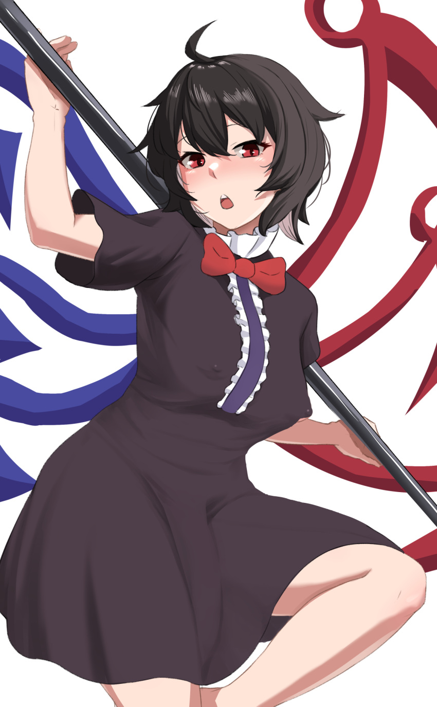 asymmetrical_wings black_dress black_hair blue_wings bow bowtie bulge bunsuirei dress erection erection_under_clothes futanari highres houjuu_nue huge_penis penis polearm red_bow red_bowtie red_eyes red_wings short_hair solo touhou trident undefined_fantastic_object weapon wings