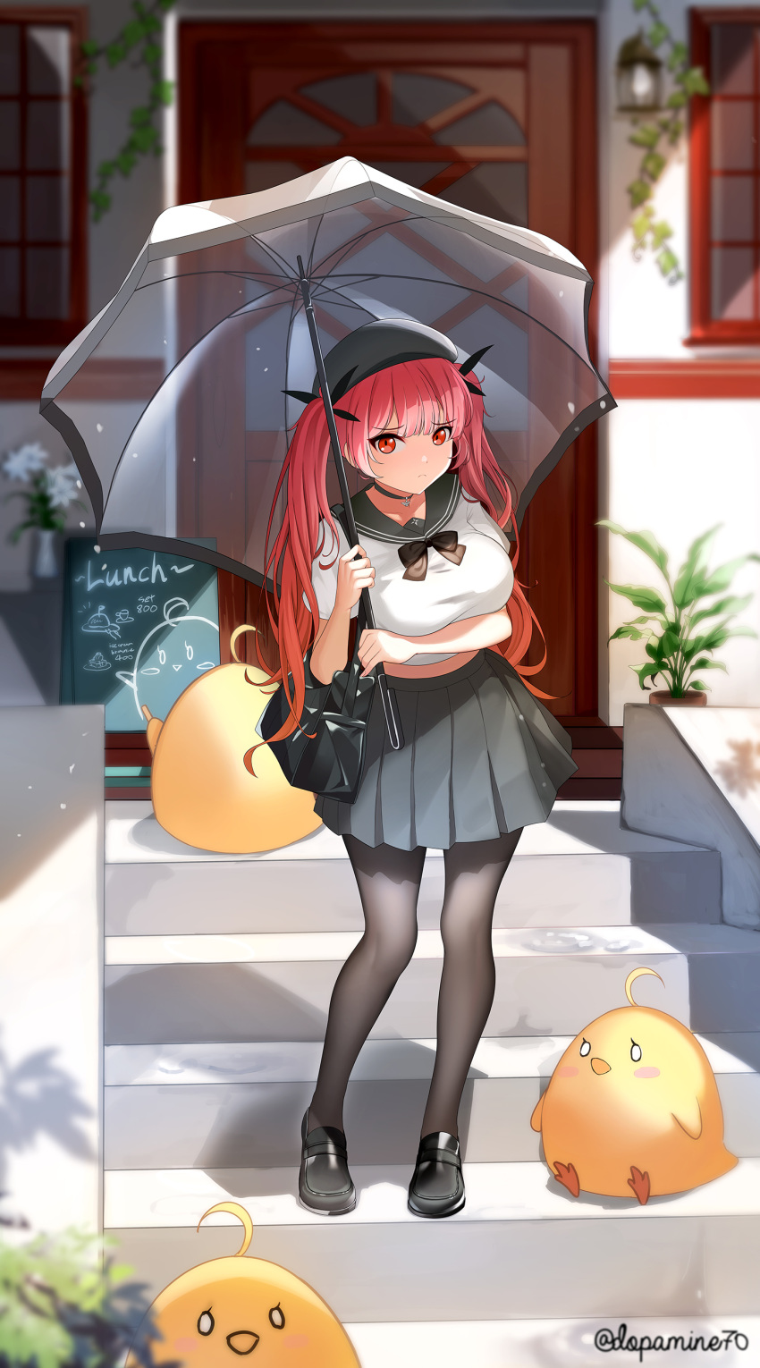 1girl absurdres arm_under_breasts azur_lane bag beret black_choker black_footwear black_pantyhose black_ribbon black_sailor_collar black_skirt breasts choker day door dopamine70 full_body hat highres holding holding_umbrella honolulu_(azur_lane) honolulu_(umbrella_girl)_(azur_lane) large_breasts looking_at_viewer manjuu_(azur_lane) menu_board miniskirt official_alternate_costume outdoors pantyhose pleated_skirt red_eyes red_hair ribbon sailor_collar school_bag see-through shoes short_sleeves skirt solo stairs transparent transparent_umbrella umbrella