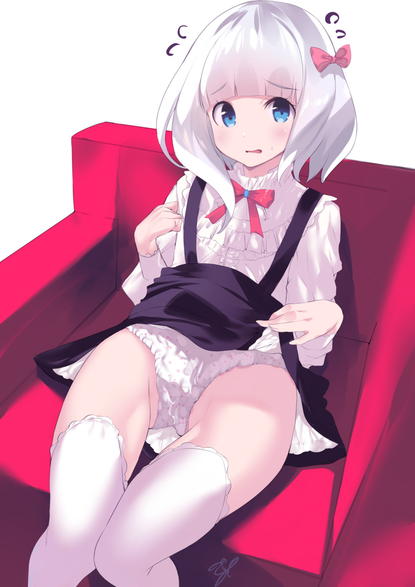 1girl bangs black_skirt blue_eyes blush bow clothes_lift couch hair_ornament hair_ribbon highres lifted_by_self looking_at_viewer medium_hair noto_kurumi on_couch open_mouth original panties red_bow ribbon simple_background skirt thighhighs underwear white_hair white_panties white_thighhighs
