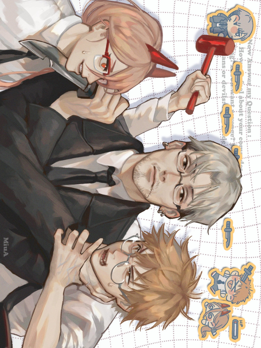 &gt;_&lt; 1girl 2boys @_@ akira_yoru black_coat black_necktie black_pants blade_to_throat blonde_hair chainsaw_man coat collared_shirt d: denji_(chainsaw_man) dx facial_hair facing_another floating floating_object floating_weapon formal glasses grey_hair grid_background hammer highres holding holding_hammer holding_knife holding_weapon horns impaled kishibe_(chainsaw_man) knife long_hair multiple_boys necktie pants piercing power_(chainsaw_man) red-framed_eyewear red_eyes red_horns semi-rimless_eyewear shirt shirt_tucked_in short_hair simple_background strangling stubble suit sweat throwing_knife undercut weapon white_background white_shirt