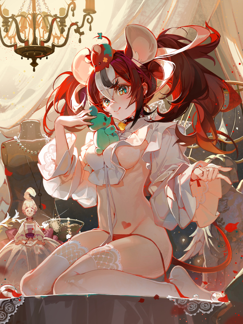 1girl absurdres akizero1510 animal_ears bangs bead_necklace beads blue_eyes breasts chandelier cheese closed_mouth collar crossed_bangs curtains doll food frills full_body hakos_baelz heart heart_tattoo highres hololive hololive_english jewelry long_hair long_sleeves mannequin medium_breasts mouse mouse_ears mouse_girl mouse_tail mr._squeaks_(hakos_baelz) multicolored_hair navel necklace panties red_hair red_panties side-tie_panties sideboob sitting smile solo spiked_collar spikes statue stomach streaked_hair stuffed_toy tail tattoo thighhighs tongue tongue_out twintails underwear untied untied_panties virtual_youtuber wariza wavy_hair white_hair white_thighhighs