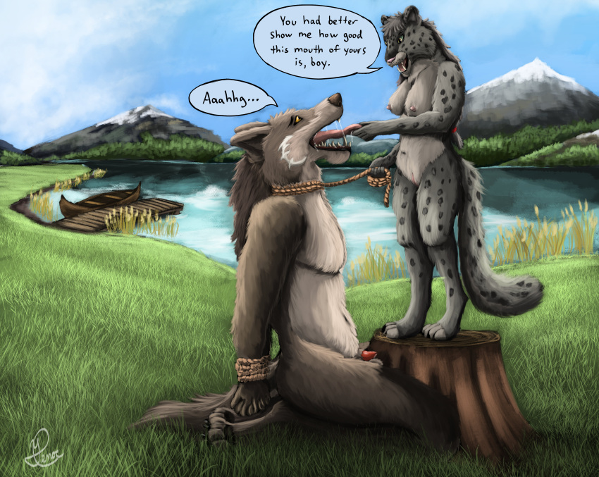 absurd_res anatomically_correct animal_genitalia animal_penis anthro bdsm blue_sky bodily_fluids bondage bound breasts brown_body brown_fur canid canine canine_penis canis cloud dominant dominant_female drooling duo emil_(uncrom) felid female floofy_tail fur fur_markings genitals grass grey_body grey_fur hi_res invalid_tag kari_(uncrom) kneeling lake lakeside landscape male male/female mammal markings mawplay midday mountain multicolored_eyes pantherine penis plant pussy reeds rope saliva scudama size_difference sky snow snow_leopard spots spotted_body spotted_fur teeth tongue tree_stump uncrom valtalska_dercas water wolf yellow_eyes yenocwolf