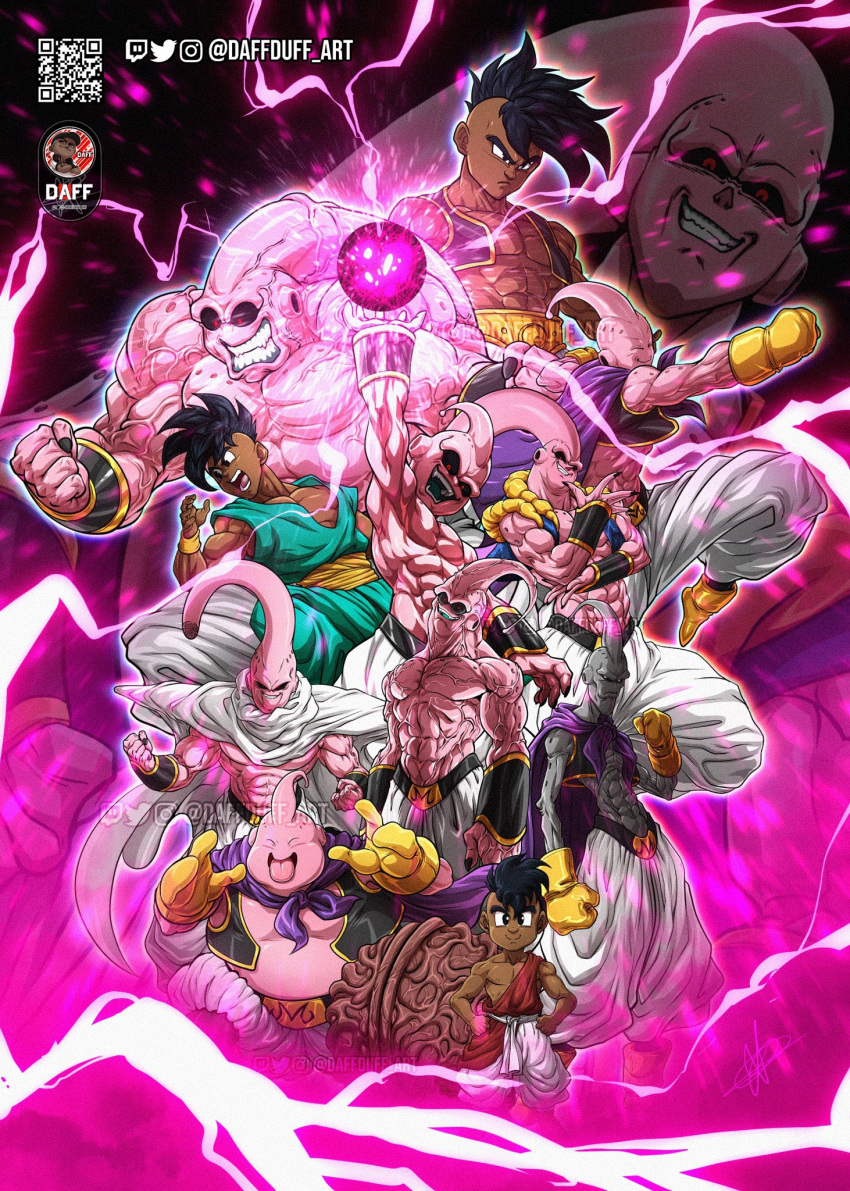 6+boys black_eyes black_hair black_sclera colored_sclera colored_skin commentary daffduff dark-skinned_male dark_skin dougi dragon_ball dragon_ball_super dragon_ball_z energy_ball english_commentary fantasy fat_buu highres kid_buu majin_buu male_child male_focus mohawk multiple_boys open_mouth pink_skin red_eyes short_hair simple_background smile super_buu uub wristband