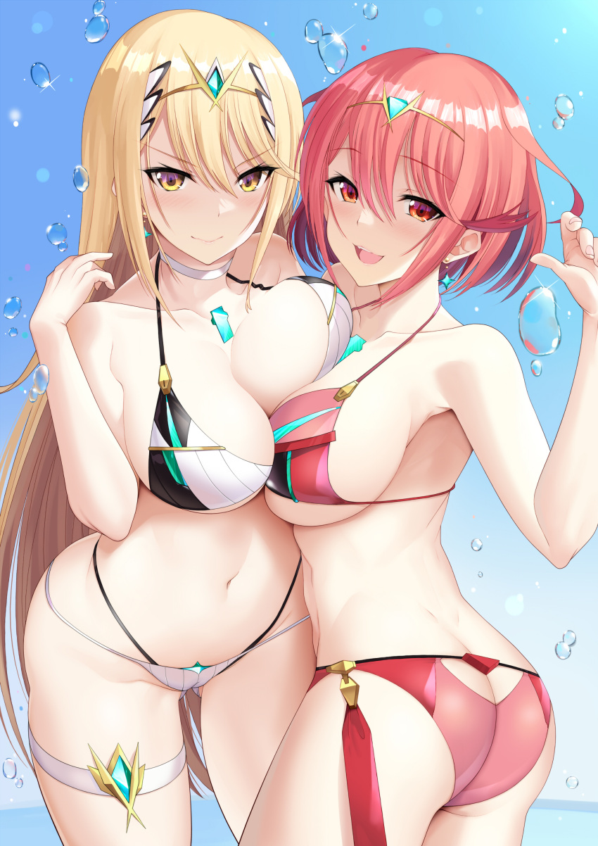 2girls :d ass ass_cutout asymmetrical_docking bangs bikini blonde_hair breast_press breasts butt_crack chest_jewel choker closed_mouth clothing_cutout collarbone daive drop_earrings earrings hair_between_eyes hand_up highres jewelry large_breasts long_hair looking_at_viewer multiple_girls mythra_(xenoblade) navel pyra_(xenoblade) red_bikini red_eyes red_hair short_hair simple_background smile swept_bangs swimsuit thigh_strap tiara water_drop white_bikini white_choker xenoblade_chronicles_(series) xenoblade_chronicles_2 yellow_eyes