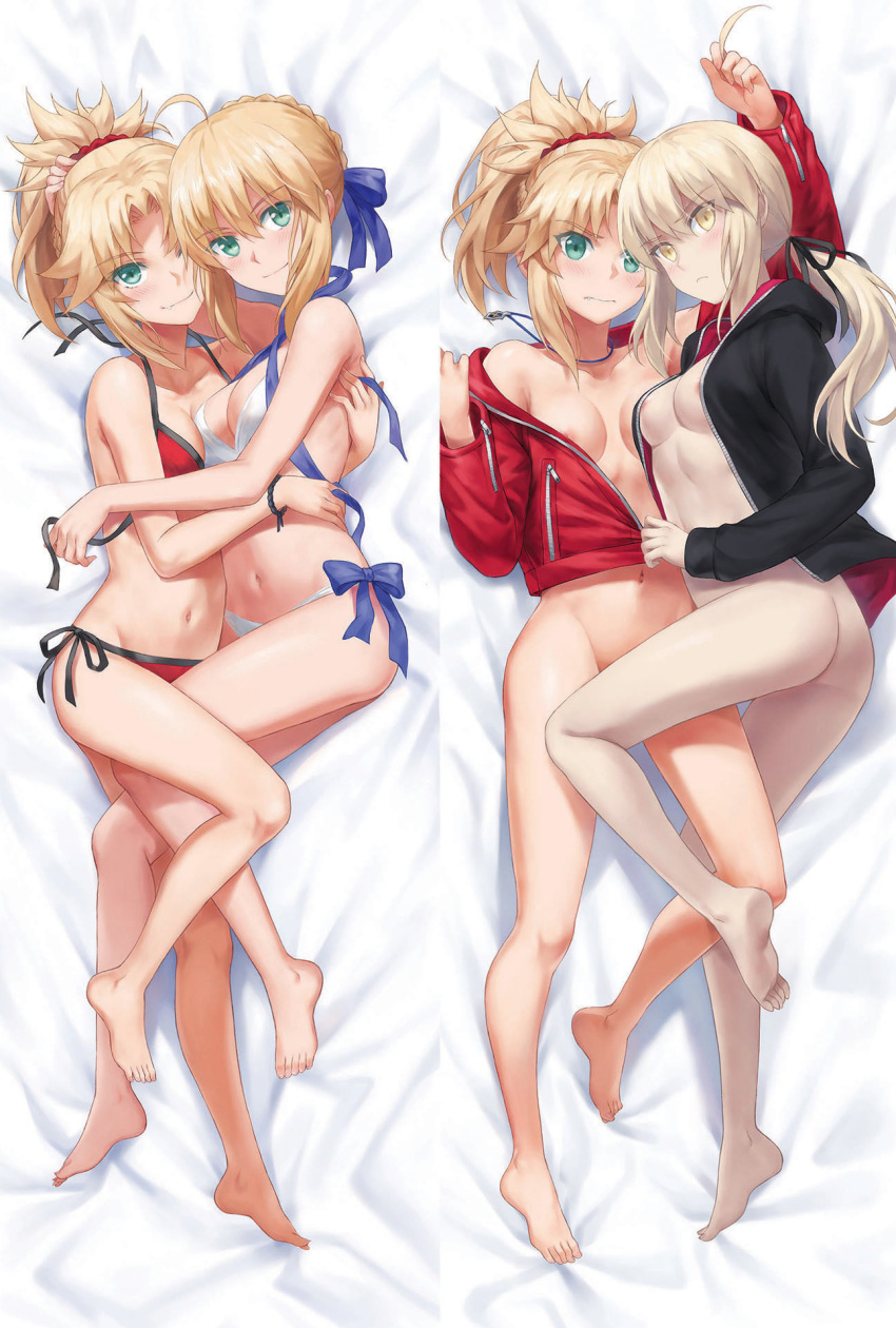 4girls ahoge ahoge_removed areola_slip artoria_pendragon_(fate) artoria_pendragon_(swimsuit_archer)_(fate) ass bangs barefoot bed_sheet bikini black_jacket black_ribbon blonde_hair blue_ribbon blush bottomless bracelet braid breasts bred_jacket butt_crack closed_mouth collarbone commentary_request dakimakura_(medium) detached_hair fang fate/apocrypha fate/grand_order fate_(series) feet french_braid full_body green_eyes hair_ornament hair_ribbon hair_scrunchie hand_on_another's_back hand_on_another's_head hand_on_another's_waist highres hug jacket jewelry legs long_hair long_sleeves looking_at_viewer low_ponytail medium_breasts mordred_(fate) mordred_(memories_at_trifas)_(fate) mordred_(swimsuit_rider)_(fate) mother_and_daughter multiple_girls multiple_persona multiple_views naked_jacket navel necklace open_clothes open_jacket pale_skin parted_bangs ponytail red_scrunchie ribbon saber_alter_(ver._shinjuku_1999)_(fate) scrunchie side-tie_bikini_bottom sidelocks small_breasts smile soles swimsuit toes tonee untied untied_bikini unzipped yellow_eyes zipper zipper_pull_tab