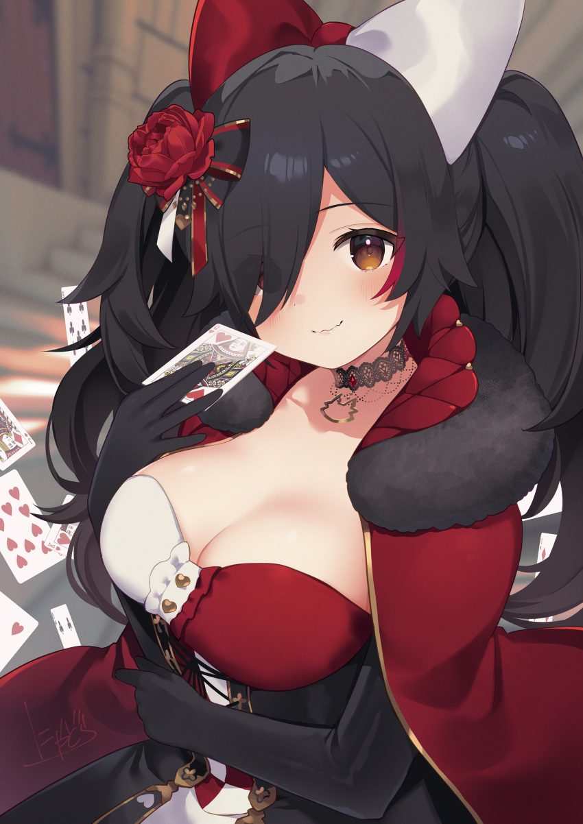 1girl absurdres bangs black_choker black_gloves black_hair blush breasts brown_eyes cape card choker cleavage closed_mouth dress elbow_gloves flower gloves hair_flower hair_ornament hair_over_one_eye highres holding holding_card hololive large_breasts long_hair looking_at_viewer nyasunyadoora ookami_mio playing_card queen_of_hearts_(card) red_cape red_flower signature smile solo twintails virtual_youtuber