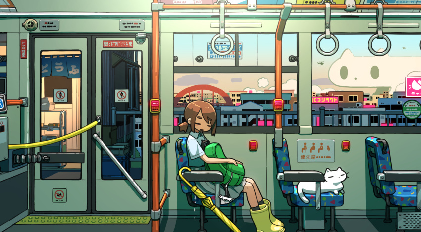 1girl black_socks boots brown_hair building bus bus_interior cat closed_eyes cloud collared_shirt commentary_request grey_skirt ground_vehicle highres long_skirt motor_vehicle original pleated_skirt revision shadow shirt short_hair short_ponytail short_sleeves sitting skirt sleeping socks solo tao_(tao15102) twilight umbrella vehicle_interior white_cat white_shirt wide_shot window yellow_footwear yellow_umbrella