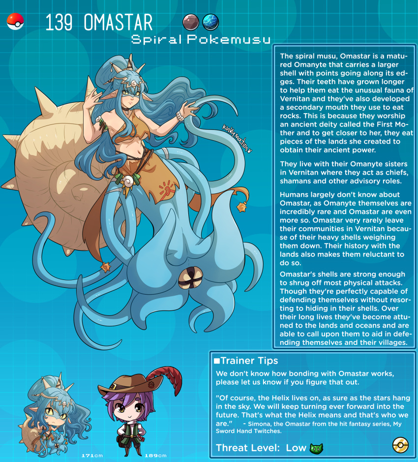 1boy 1girl artist_name black_eyes blue_hair bracelet breasts character_name character_profile hat_belt hat_feather highres jewelry kinkymation long_hair looking_at_viewer midriff monster_girl omastar personification pokemon purple_eyes purple_hair shell squid_girl tentacles yellow_eyes
