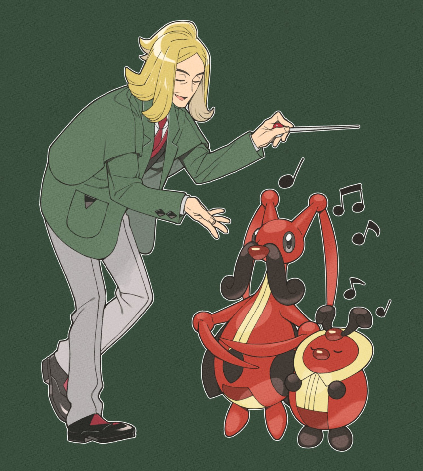 1boy baton baton_(conducting) black_footwear blonde_hair bug closed_eyes full_body green_background green_jacket grey_pants half_updo hassel_(pokemon) highres holding jacket kricketot kricketune medium_hair musical_note nagiko_(mangalove1111) necktie open_mouth pants pokemon pokemon_(creature) pokemon_(game) pokemon_sv ponytail red_necktie short_ponytail smile