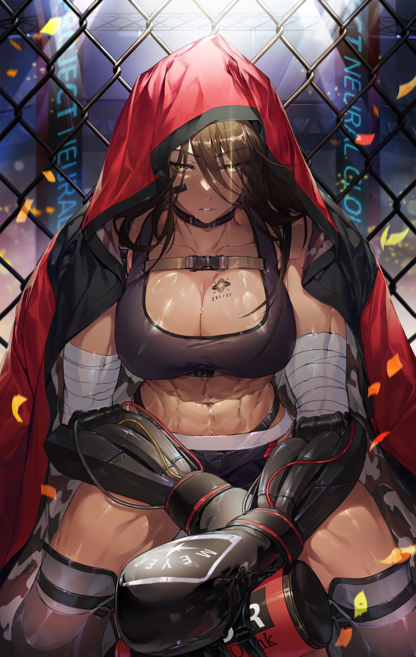 1girl abs absurdres bandaged_arm bandages bangs black_shorts black_sports_bra boxing_gloves breast_tattoo breasts brown_hair cable chain-link_fence chap_sal_! choker cleavage collarbone commentary cowboy_shot dark-skinned_female dark_skin fence girls'_frontline girls'_frontline_neural_cloud hair_between_eyes highres hood hood_up large_breasts long_hair looking_at_viewer magnhilda_(girls'_frontline_nc) mechanical_arms midriff muscular muscular_female navel shorts sitting solo sports_bra sweat tattoo yellow_eyes