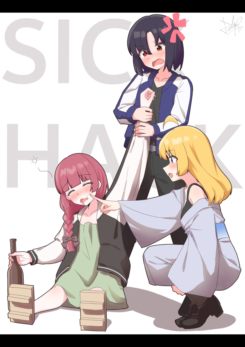 3girls absurdres ahoge alcohol anger_vein background_text black_footwear black_hair black_pants black_shirt blonde_hair blue_eyes blue_jacket blush bocchi_the_rock! bottle braid closed_eyes dragging dress drunk geta green_dress highres hiroi_kikuri iwashita_shima jacket japanese_clothes kimono letterboxed long_hair multicolored_clothes multicolored_jacket multiple_girls open_clothes open_jacket pants poking purple_hair red_eyes shimizu_eliza shirt short_hair single_braid sitting squatting standing strings-lover two-tone_jacket yukata