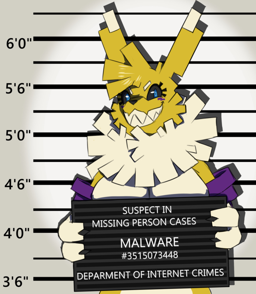 ajvulpes anthro armwear bandai_namco black_nose black_sclera blue_eyes breasts canid canine chart clothing courtroom digimon digimon_(species) digital_media_(artwork) english_text fan_character female fingers fox fur fur_tuft grin hair height_chart hi_res holding_object holding_sign jail_placard looking_at_viewer malware_(ajvulpes) mammal measurements mugshot number open_mouth pixelated purple_clothing renamon sign simple_background smile solo standing text tuft video_games white_body white_fur yellow_body yellow_fur