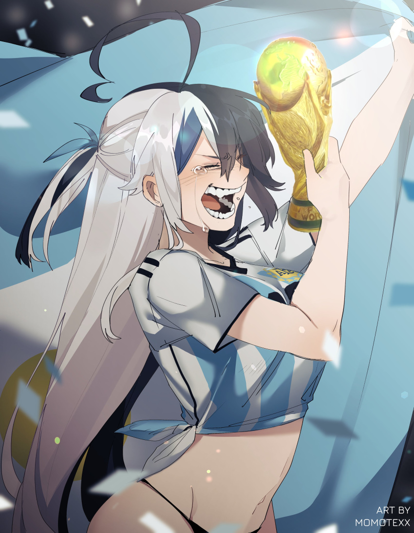 1girl 2022_fifa_world_cup absurdres ahoge argentina argentinian_flag argentinian_flag_print black_hair black_panties black_underwear blue_shirt breasts commentary_request crying grey_hair highres holding holding_trophy indie_virtual_youtuber medium_breasts midriff momote momote_(vtuber) navel open_mouth panties shirt short_sleeves side-tie_skirt soccer_uniform spanish_commentary sportswear stomach underwear virtual_youtuber white_shirt world_cup