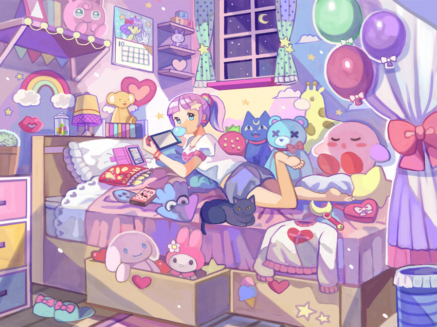 1girl bed bishoujo_senshi_sailor_moon blue_eyes blue_footwear calendar_(object) cardcaptor_sakura character_doll character_request copyright_request handheld_game_console highres holding holding_handheld_game_console indoors inkling jigglypuff kero kirby kirby_(series) looking_at_viewer luna_(sailor_moon) lying mituhati nintendo_switch on_stomach pokemon purple_hair short_hair short_ponytail slippers solo splatoon_(series)