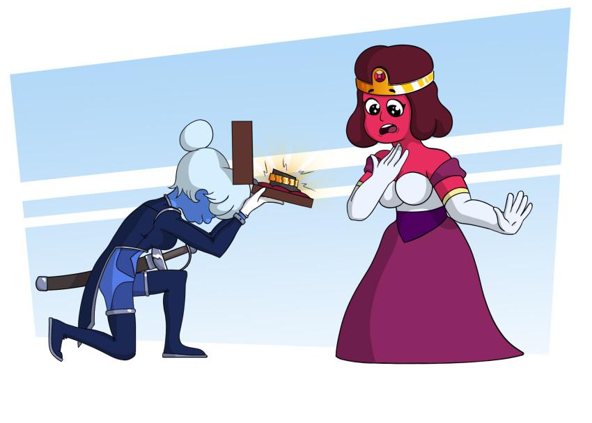 alien alien_humanoid amazed armwear cartoon_network choker clothing crown dress duo elbow_gloves female gem_(species) gift gloves handwear hi_res humanoid jewelry kneeling knight melee_weapon necklace on_one_knee princess royalty ruby_(steven_universe) sapphire_(steven_universe) steven_universe sword unknown_artist warrior weapon