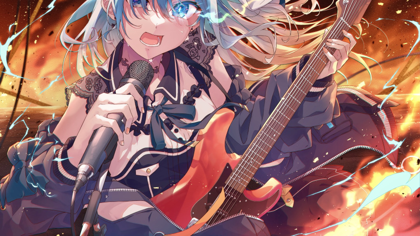 1girl blue_eyes blue_hair choker electric_guitar fire glowing glowing_eye guitar hakua_(aiziro_039) highres holding holding_microphone hololive hoshimachi_suisei instrument jacket jacket_partially_removed jewelry microphone microphone_stand open_mouth ring solo upper_body virtual_youtuber