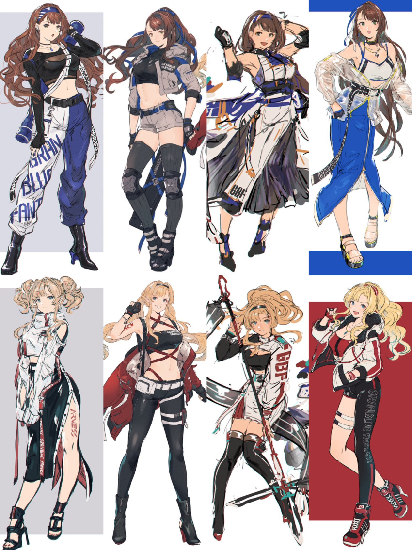 asymmetrical_clothes bare_shoulders belt black_belt black_choker black_pants black_shirt black_skirt black_thighhighs blonde_hair blue_pants blue_skirt body_writing boots breasts brown_hair buckle character_request chest_strap choker clenched_hand criss-cross_halter crop_top cropped_jacket english_text full_body granblue_fantasy grey_jacket halterneck hand_on_hip hand_up high_heels highres holding holding_polearm holding_weapon jacket knee_pads kneehighs legs long_hair long_legs long_sleeves looking_at_viewer medium_breasts medium_hair midriff multiple_girls navel open_clothes open_jacket open_mouth own_hands_together pants pencil_skirt polearm ponytail poses red_jacket sandals shimatani_azu shirt shoes shorts side_slit simple_background single_pantsleg skirt smile sneakers socks standing strapless thigh_strap thighhighs tight tight_pants toeless_footwear tube_top twintails two-tone_pants unfinished very_long_hair weapon white_jacket white_pants white_shirt white_skirt zeta_(granblue_fantasy) zipper_skirt