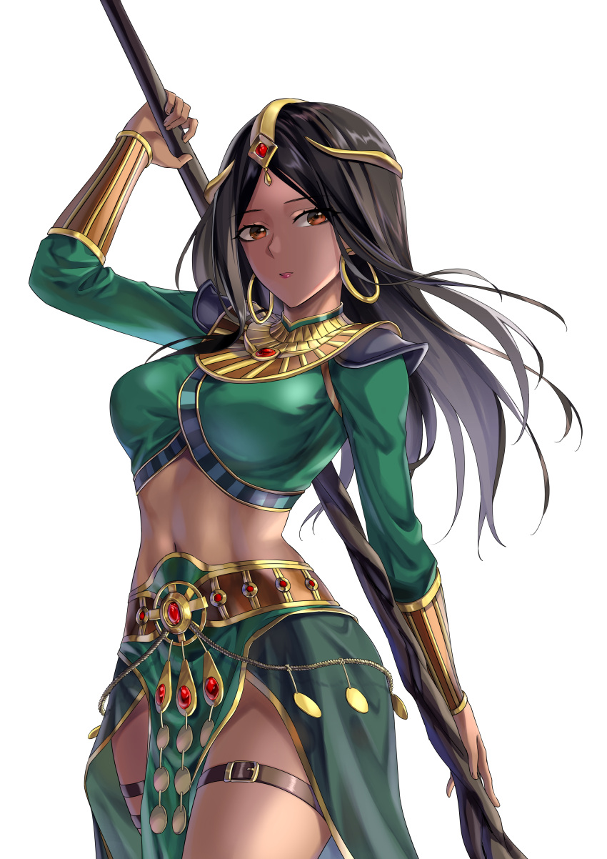 1girl absurdres areola_slip bangs belt black_hair bracer breasts circlet crop_top dark-skinned_female dark_skin diablo diablo_2 earrings english_commentary feet_out_of_frame gem green_shirt highres holding holding_scepter hoop_earrings jewelry long_hair long_sleeves looking_at_viewer medium_breasts navel open_mouth orange_eyes parted_lips scepter shirt solo sorceress_(diablo_2) standing stomach suprii thigh_strap weapon weapon_on_back white_background