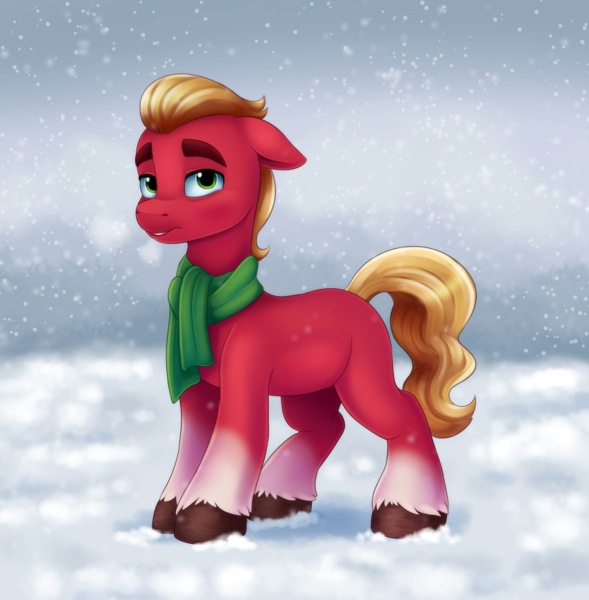 absurd_res breath brown_hooves digital_media_(artwork) earth_pony equid equine eyebrows feral fetlocks floppy_ears green_eyes hair hasbro hi_res hooves horse leg_tuft malarkey_(artist) male mammal mane mlp_g5 my_little_pony orange_hair orange_mane orange_tail pony red_body scarf snow snowing solo sprout_cloverleaf_(mlp) thick_eyebrows tuft