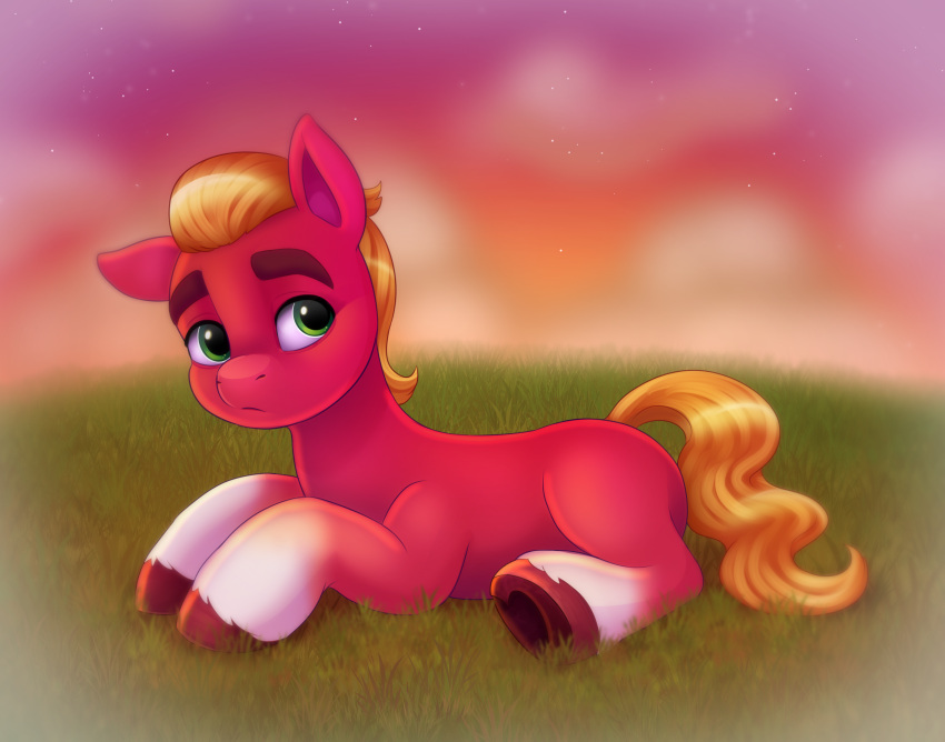 &lt;3 absurd_res brown_hooves digital_media_(artwork) earth_pony equid equine eyebrows feral fetlocks grass green_eyes hair hasbro hi_res hooves horse looking_away lying malarkey_(artist) male mammal mane mlp_g5 my_little_pony orange_hair orange_mane orange_tail plant pony red_body solo sprout_cloverleaf_(mlp) thick_eyebrows underhoof