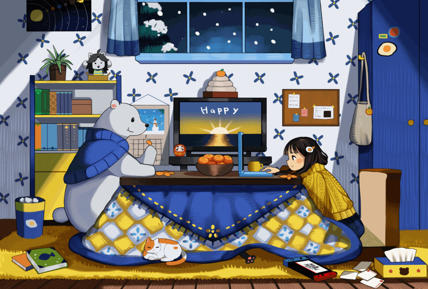 1girl animated animated_gif bear black_eyes black_hair blush calendar_(object) cat closed_mouth computer from_side highres indoors laptop long_sleeves mituhati night nintendo_switch original polar_bear short_hair sitting smile snow snowing solo sweater tissue tissue_box window yellow_sweater