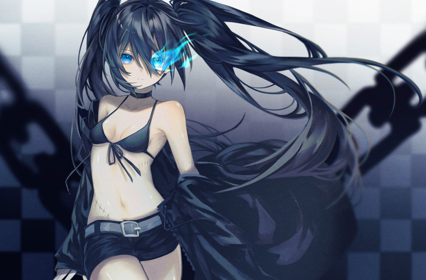 1girl bikini bikini_top_only black_bikini black_hair black_rock_shooter black_rock_shooter_(character) blue_eyes blue_fire breasts chain checkered_background choker collarbone commentary_request fire hair_between_eyes highres long_hair navel nuko_0108 open_clothes scar shorts sidelocks small_breasts solo stitches swimsuit twintails very_long_hair