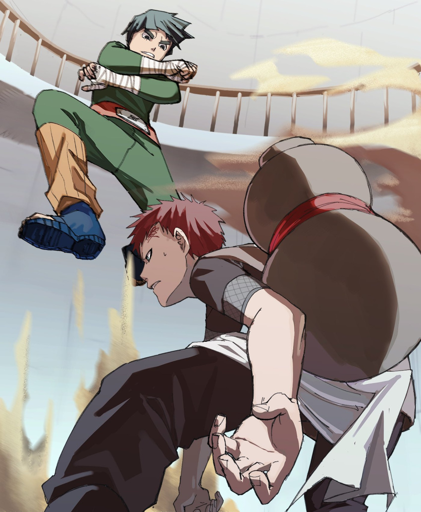 2boys arena bandaged_arm bandaged_hand bandages battle belt black_hair black_pants black_shirt blue_footwear bowl_cut clenched_hand clenched_teeth crossed_arms fighting_stance fishnet_shirt forehead_tattoo gaara_(naruto) gourd green_jumpsuit highres jumping jumpsuit leg_warmers long_sleeves looking_at_another male_focus multiple_boys naruto_(series) pants parted_lips pnpk_1013 red_belt red_hair rock_lee sand shirt short_hair short_sleeves sweatdrop teeth thick_eyebrows toeless_footwear