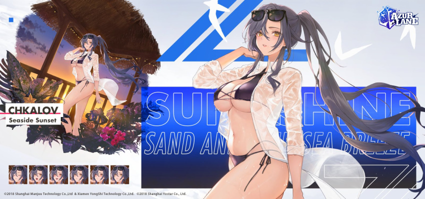 1girl azur_lane bikini black-framed_eyewear black_bikini black_hair breasts chkalov_(azur_lane) chkalov_(seaside_sunset)_(azur_lane) coat commentary commentary_request evening expressions eyewear_on_head flower from_side hand_in_own_hair highres large_breasts long_hair long_sleeves looking_at_viewer multi-strapped_bikini nagu official_alternate_costume official_art open_clothes open_coat palm_leaf pink_flower ponytail promotional_art see-through_coat side-tie_bikini_bottom solo sunglasses sunset swimsuit very_long_hair wet wet_clothes wet_coat white_coat yellow_eyes yellow_flower