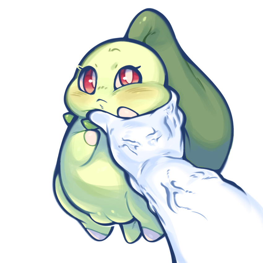 :&lt; big_pussy blush chikorita disembodied_hand elemental_creature fat_mons female feral feral_focus first_person_view flora_fauna generation_2_pokemon genitals glistening glistening_genitalia grabbing green_body hi_res ligma_(artist) looking_at_viewer nintendo pear-shaped_figure plant plump_labia pokemon pokemon_(species) puffy_vulva pupils pussy red_eyes short_tail simple_background solo_focus unknown_artist veiny_arms video_games white_background white_pupils wide_hips