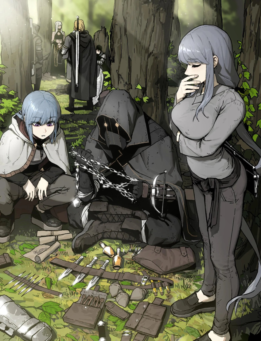 2girls armor bangs belt black_footwear black_gloves blonde_hair bolt boots breasts cape chain character_request closed_eyes fingernails forest gloves gogalking grey_cape grey_eyes grey_hair grey_pants grey_shirt highres hood hood_up hooded_cape knife long_hair long_sleeves looking_down multiple_girls multiple_others nature original pants parted_lips shirt shoes sidelocks standing sword tree weapon