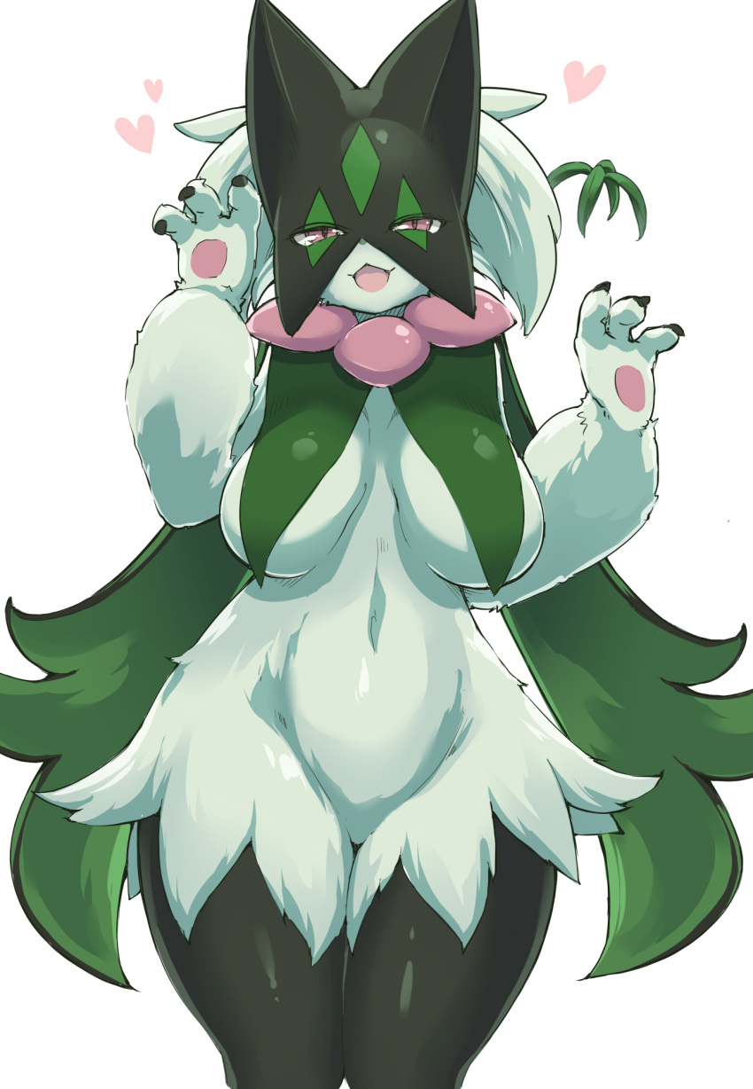 1girl animal_hands breasts cat_paws demekyon furry furry_female green_fur heart highres large_breasts mask meowscarada no_humans pokemon pokemon_(creature) pokemon_(game) pokemon_sv purple_eyes thick_thighs thighs white_background wide_hips