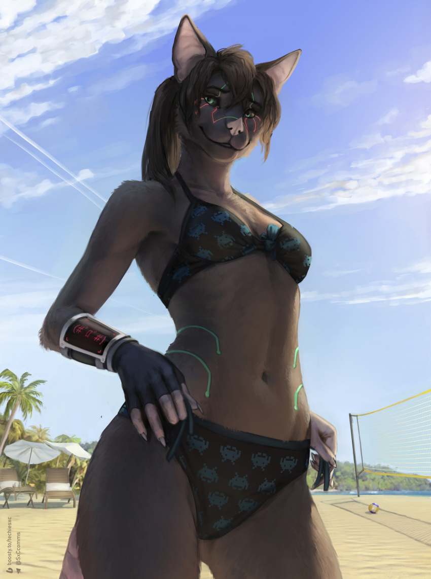 anthro bat_(species) bat_nose beach beach_umbrella bikini breasts clothed clothing cloud day female fingerless_gloves fur gloves green_eyes grey_body grey_fur hair handwear hi_res hybrid looking_at_viewer mammal midriff murid murine outside palm_tree partially_clothed path_lines plant ponytail rat rodent sand seaside silverbloodwolf98 sky smile solo space_invaders swimwear tree