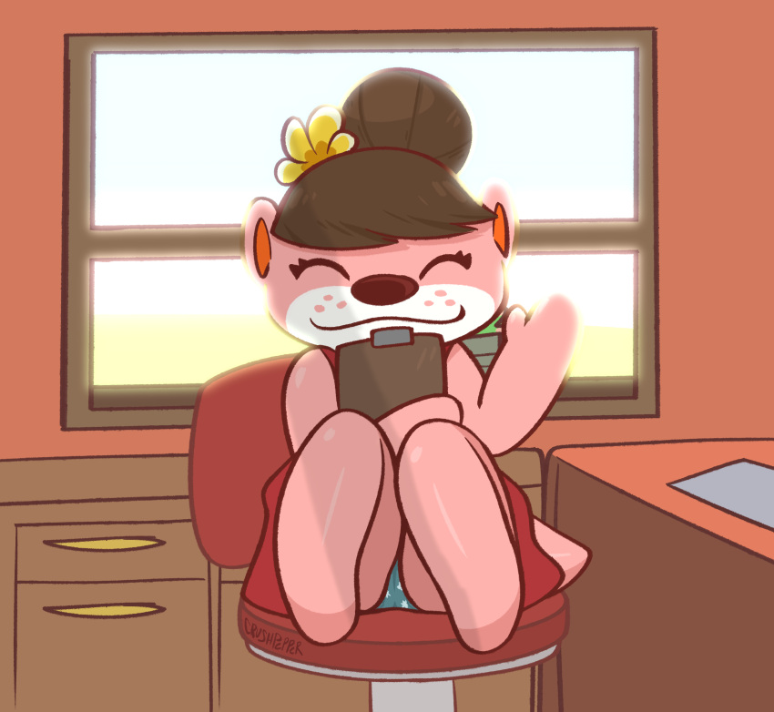 animal_crossing brown_hair clothing crushpepper eyes_closed female gesture hair hair_bun hi_res looking_at_viewer lottie_(animal_crossing) mammal mustelid nintendo otter panties panty_peek pink_body smile smiling_at_viewer tagme underwear video_games waving