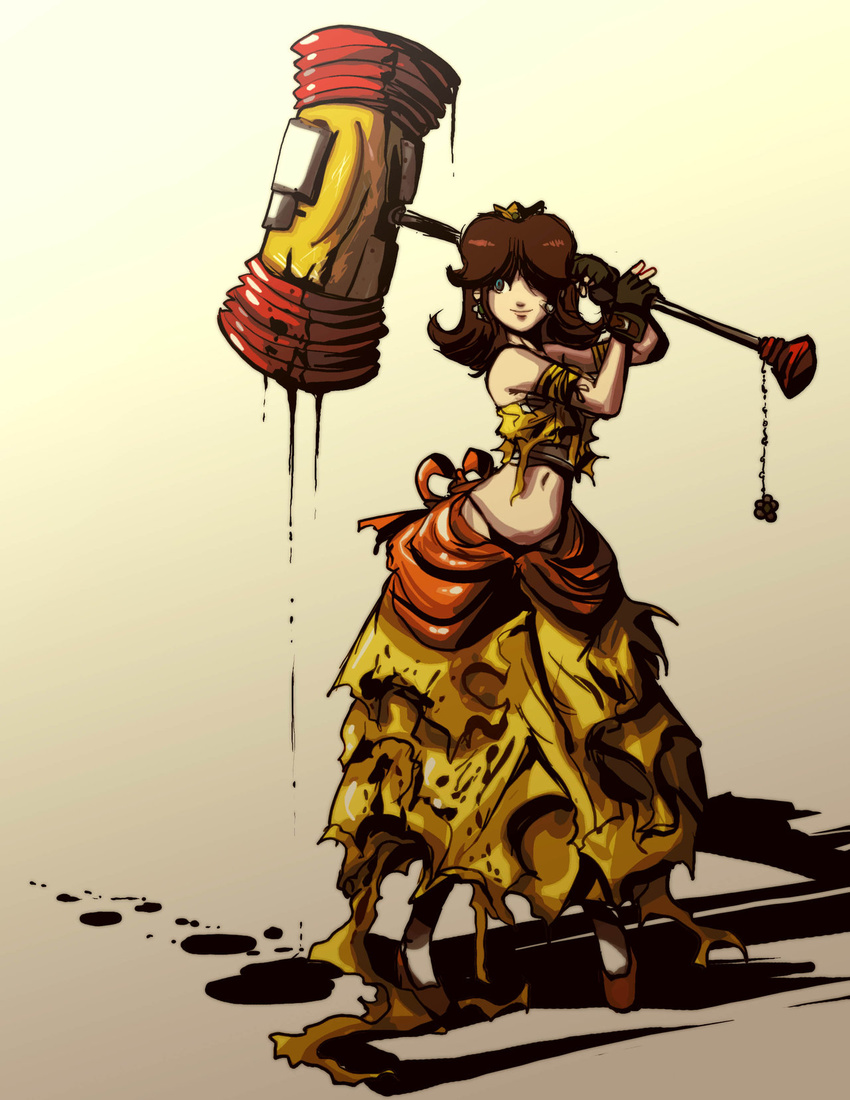 blood blue_eyes bow brown_hair crown dress earrings fingerless_gloves flipped_hair flower gloves gradient gradient_background grey_background hair_over_one_eye hammer highres holding jay_phenrix jewelry mario_(series) midriff navel out_of_character princess_daisy sarashi short_hair solo super_mario_bros. torn_clothes torn_dress weapon yellow_background