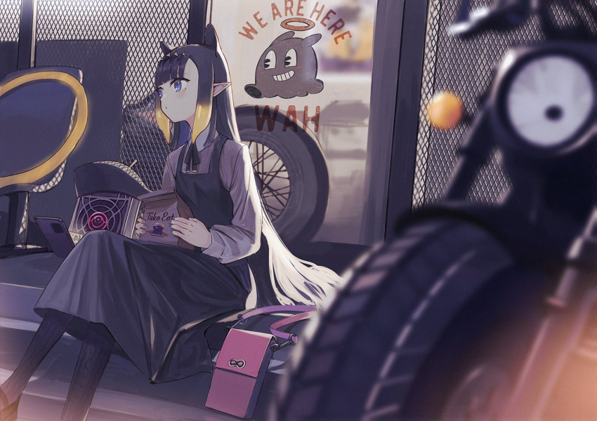 1girl ao-chan_(ninomae_ina'nis) bag blue_eyes blurry blurry_foreground dress ground_vehicle hololive hololive_english long_hair long_sleeves motor_vehicle motorcycle ninomae_ina'nis official_alternate_costume paper_bag pointy_ears purple_hair ranyu sitting solo takodachi_(ninomae_ina'nis) tentacle_hair uber_eats virtual_youtuber