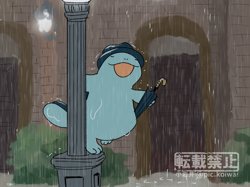 closed_umbrella hat holding holding_umbrella lamppost music no_humans open_mouth outdoors parody pic_koiwai pokemon pokemon_(creature) quagsire rain scene_reference singin'_in_the_rain singing solo twitter_username umbrella wet