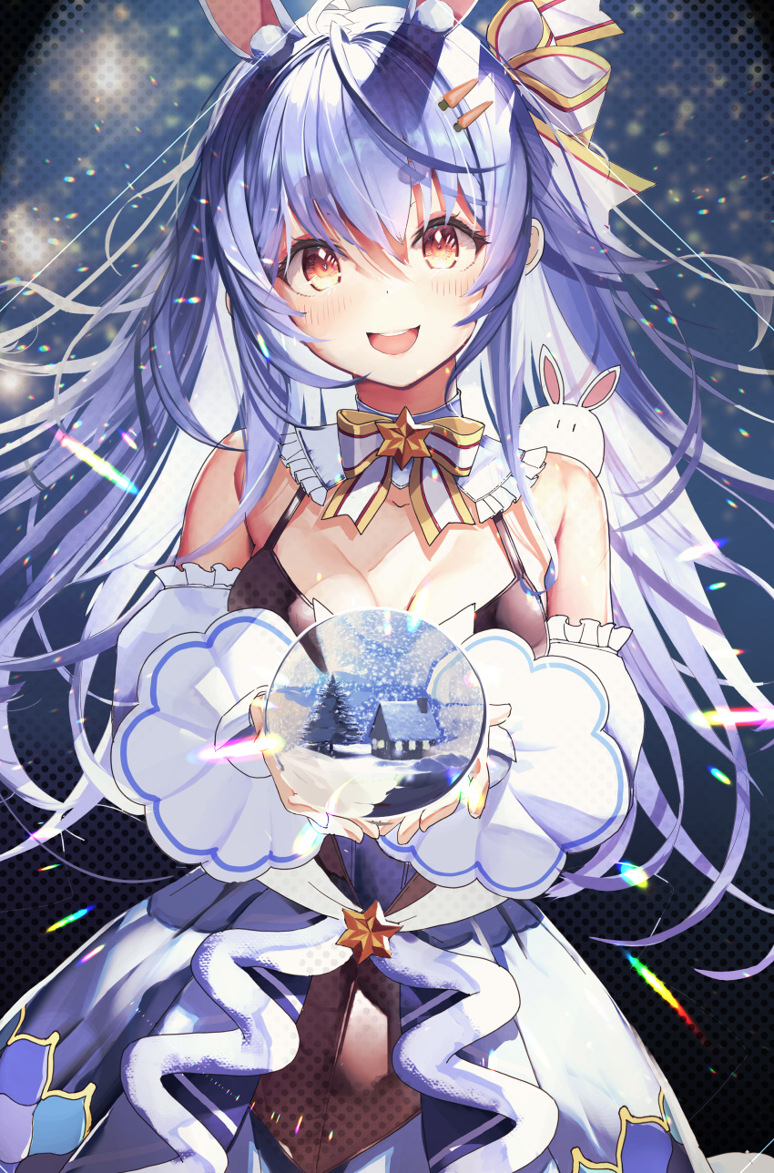 1girl :d absurdres animal_ears animal_on_shoulder bangs blue_hair bow bowtie breasts carrot_hair_ornament collar detached_collar don-chan_(usada_pekora) door extra_ears food-themed_hair_ornament frilled_collar frills hair_between_eyes hair_ornament hair_ribbon haruhina_purple highres hololive leotard log_cabin long_hair looking_at_viewer medium_breasts rabbit_ears rabbit_girl red_eyes ribbon short_eyebrows smile snow_globe solo standing thick_eyebrows tree usada_pekora very_long_hair window