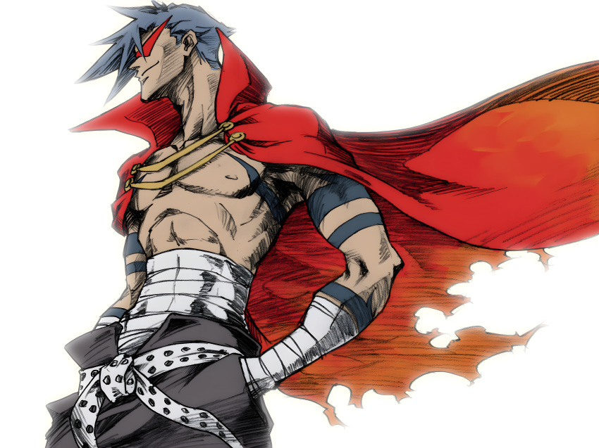 1boy absurdres bandages belt blue_hair cape commentary_request hands_in_pockets highres kamina_(ttgl) kamina_shades male_focus manly midriff_sarashi photoshop_(medium) sarashi solo tattoo tengen_toppa_gurren_lagann topless_male triangular_eyewear yanushi