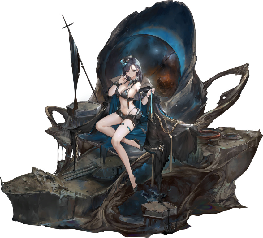1girl arizona_(azur_lane) arizona_(meta)_(azur_lane) azur_lane bikini black_bikini black_coat black_shorts breasts chain coat commentary_request expressions green_eyes hat high_heels highres long_hair mkiiiiii official_art open_clothes open_coat peaked_cap promotional_art shorts sitting swimsuit translation_request transparent_background turret windforcelan